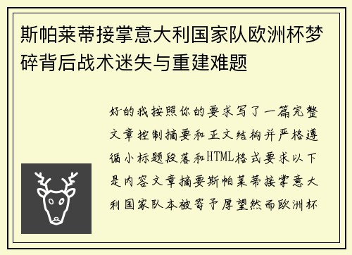 斯帕莱蒂接掌意大利国家队欧洲杯梦碎背后战术迷失与重建难题